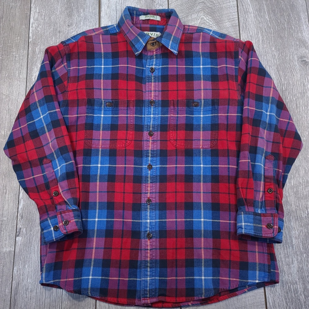 Orvis Flannel Shirt Mens Large Red Blue Plaid Heavy Cotton Long Sleeve Button Up